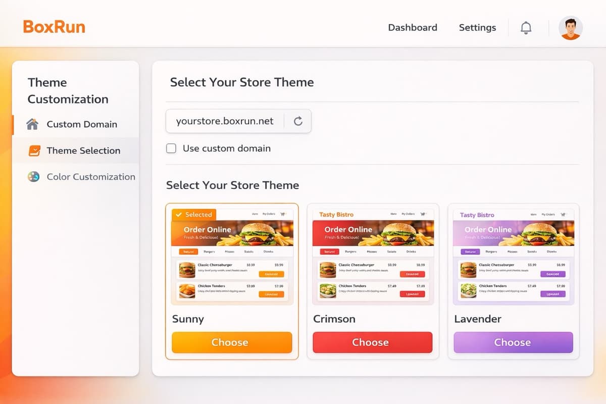 Store customization dashboard with theme options